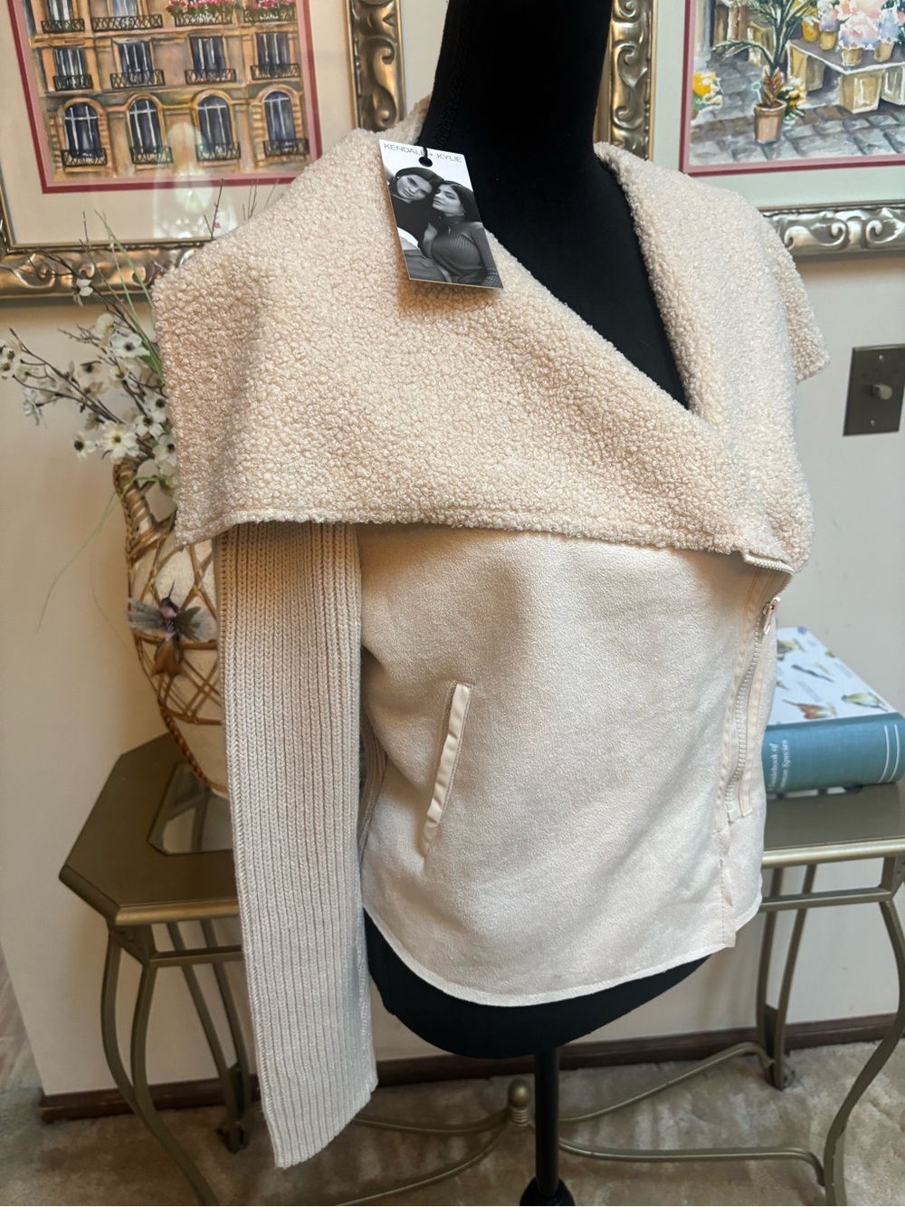 Kendall & Kylie Cream Faux Shearling Sherpa Collar Teddy Sweater Jacket Size M